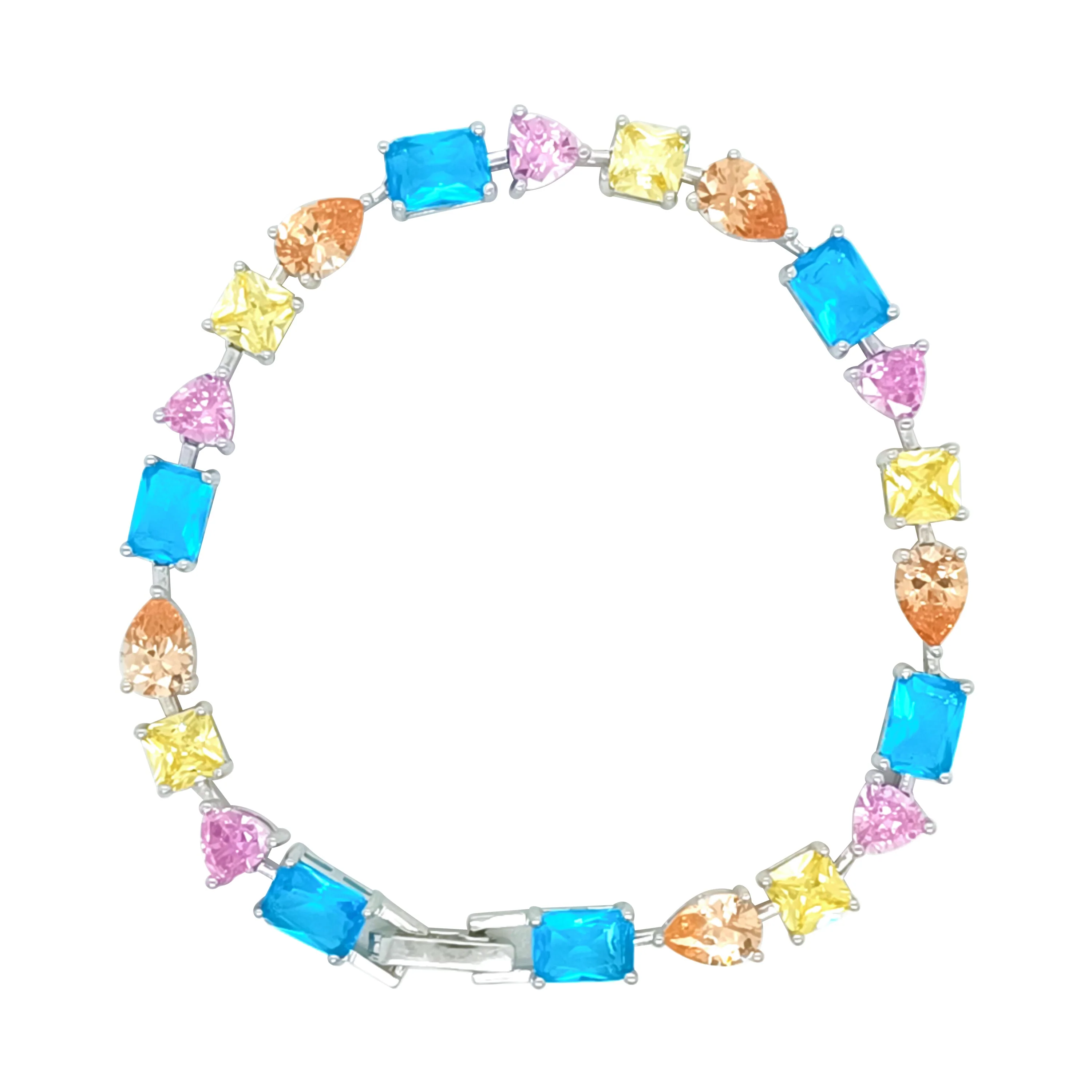 Asfour Crystal Tennis Bracelet With Multi Color Stones In 925 Sterling Silver-BD0328-K