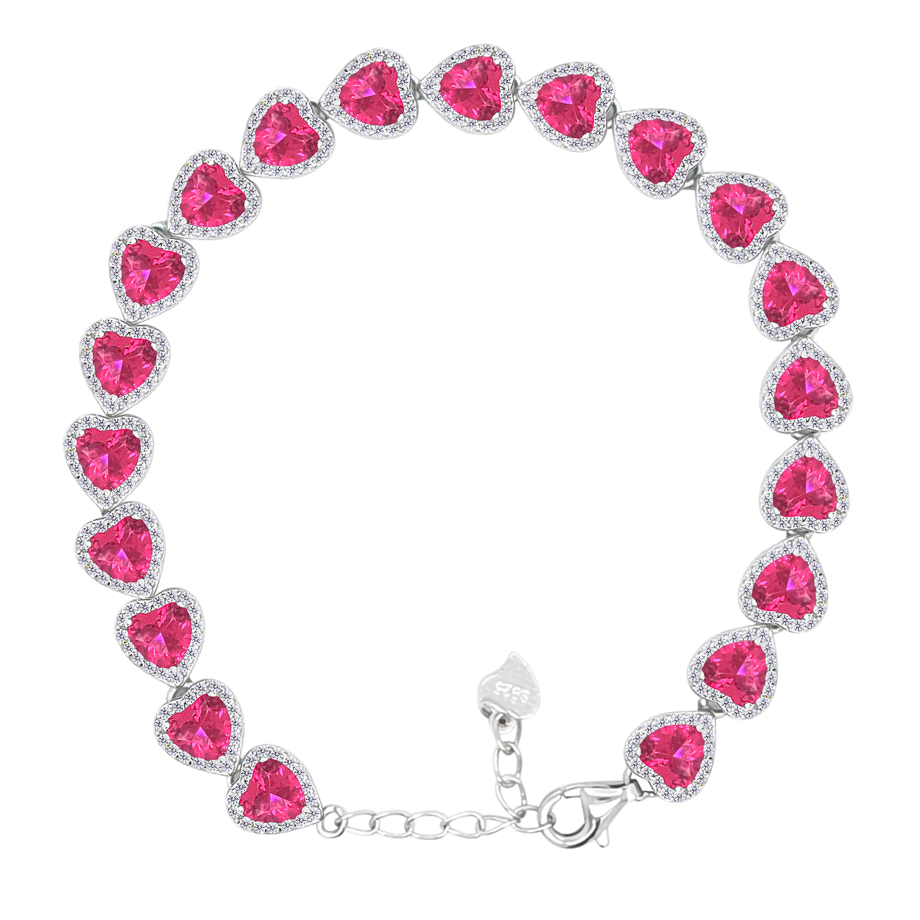 Asfour Crystal Tennis Bracelet With Ruby Hearts Design In 925 Sterling Silver-BD0322-R