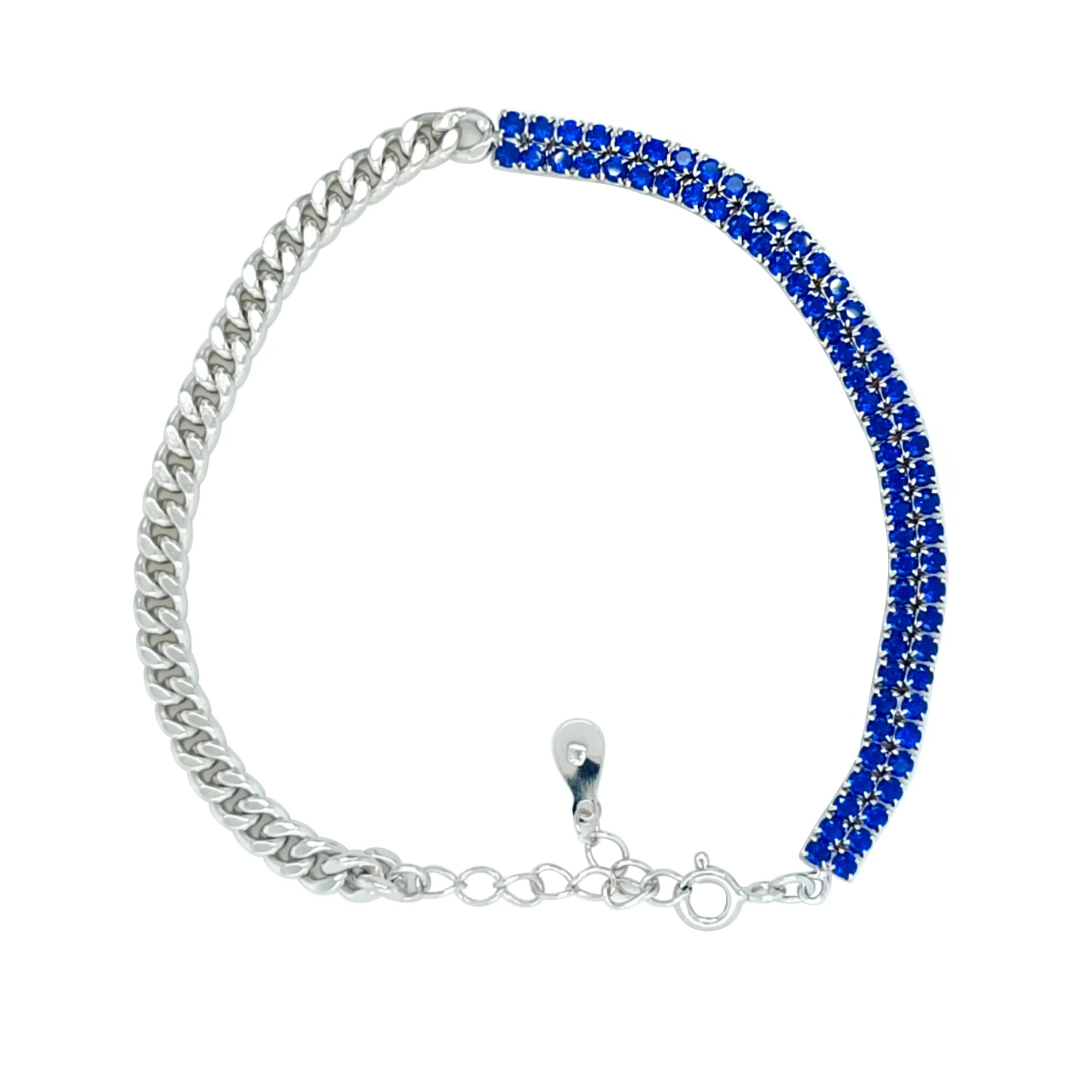 Asfour Crystal Tennis & Chain Bracelet With Blue Zircon Stones In 925 Sterling Silver-BD0260-B