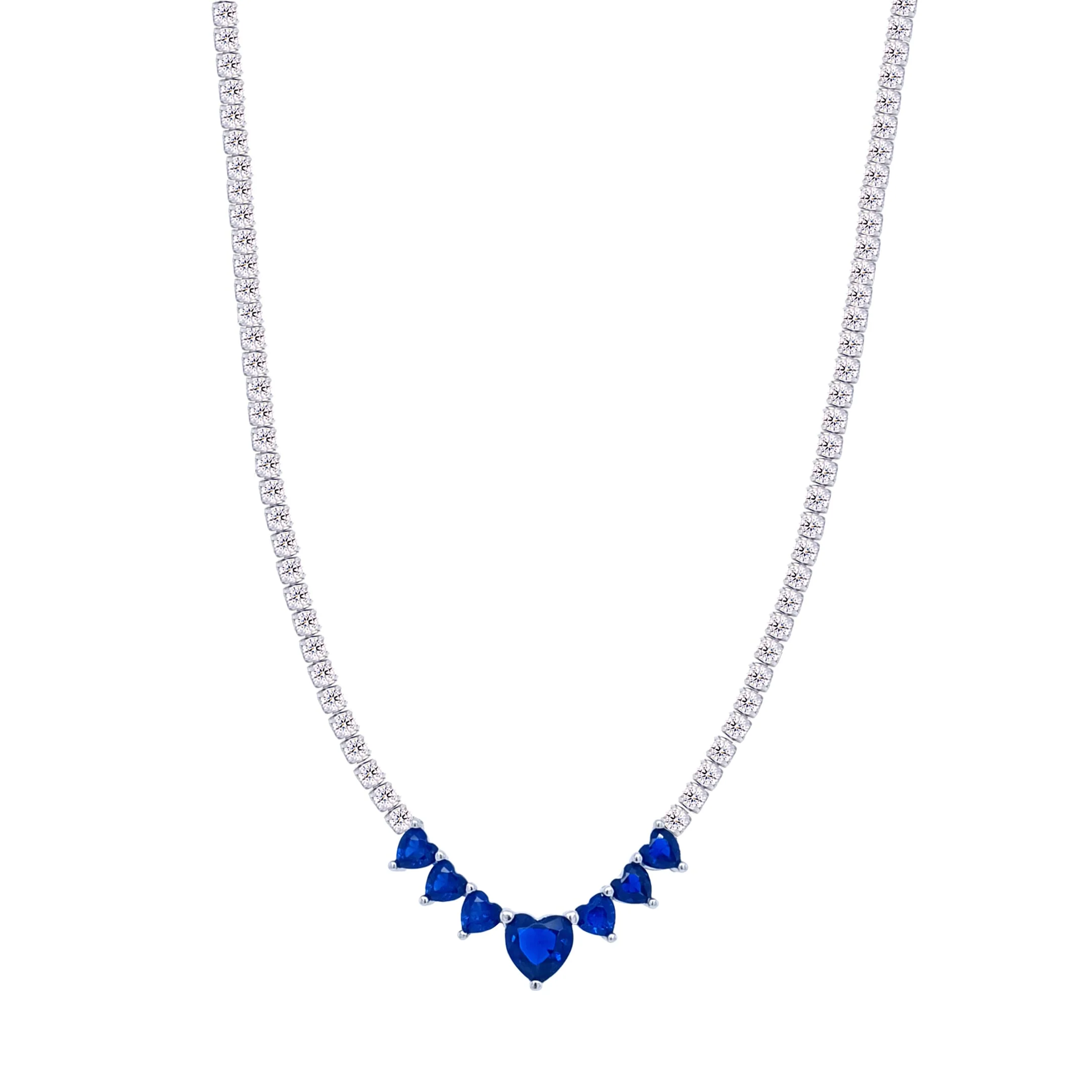 Asfour Crystal Tennis Necklace With Blue Hearts Design In 925 Sterling Silver-ND0431-WB - Image 2