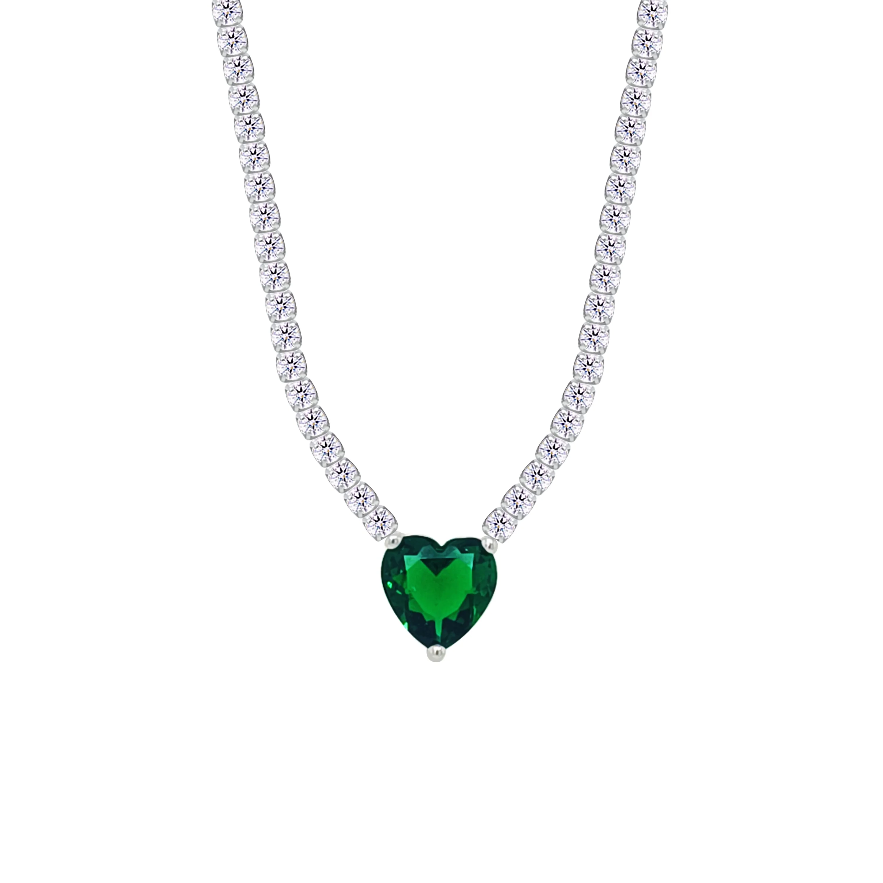 Asfour Crystal Tennis Necklace With Emerald Heart Stone In 925 Sterling Silver-NM0076-WG