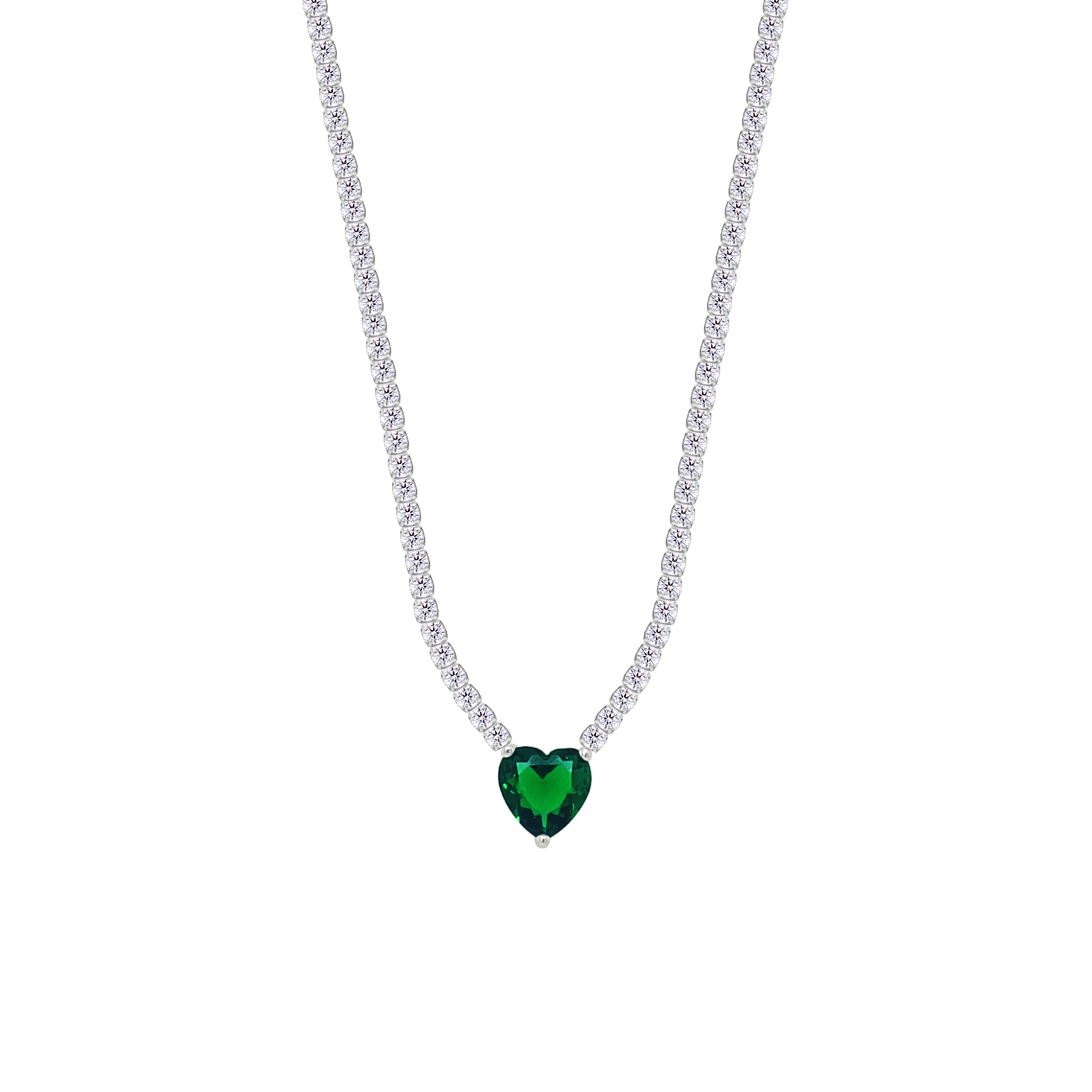 Asfour Crystal Tennis Necklace With Emerald Heart Stone In 925 Sterling Silver-NM0076-WG - Image 2