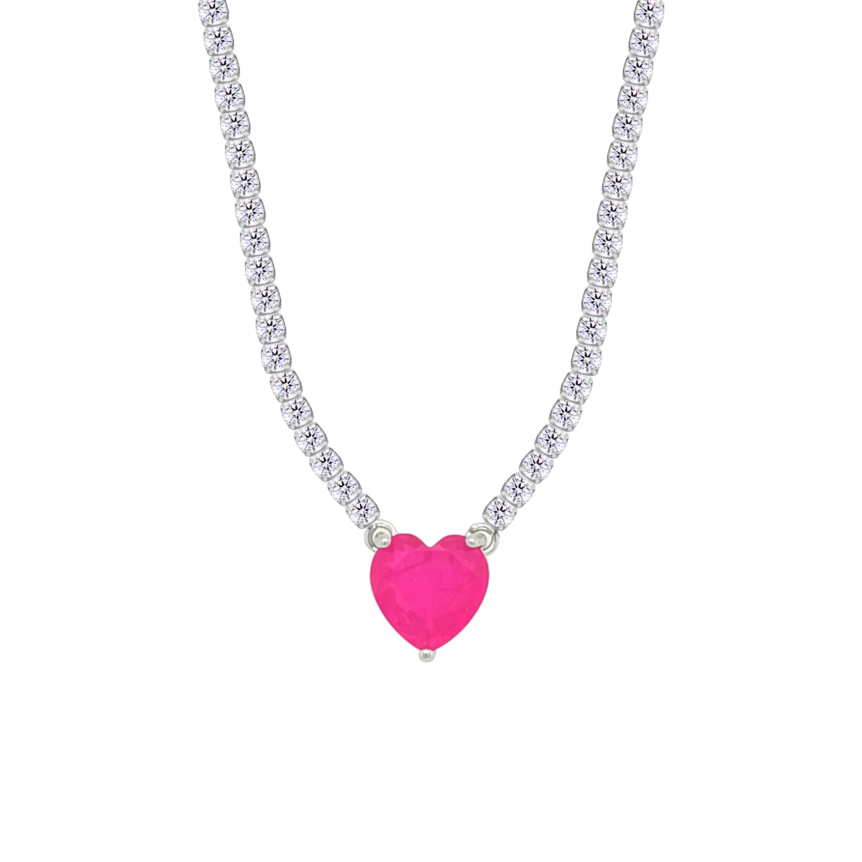 Asfour Crystal Tennis Necklace With Fuchsia Heart Stone In 925 Sterling Silver-NM0075-WF