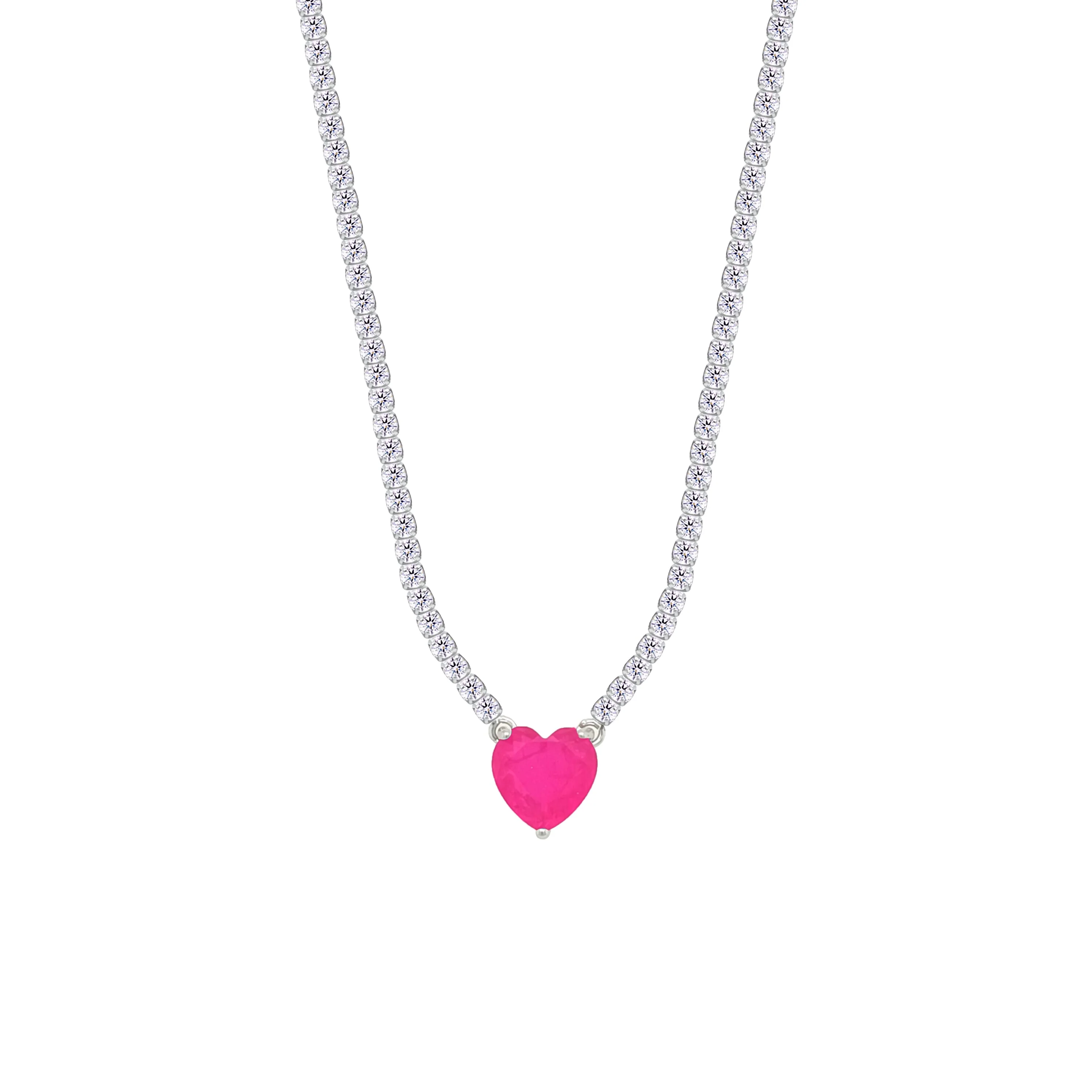 Asfour Crystal Tennis Necklace With Fuchsia Heart Stone In 925 Sterling Silver-NM0075-WF - Image 2