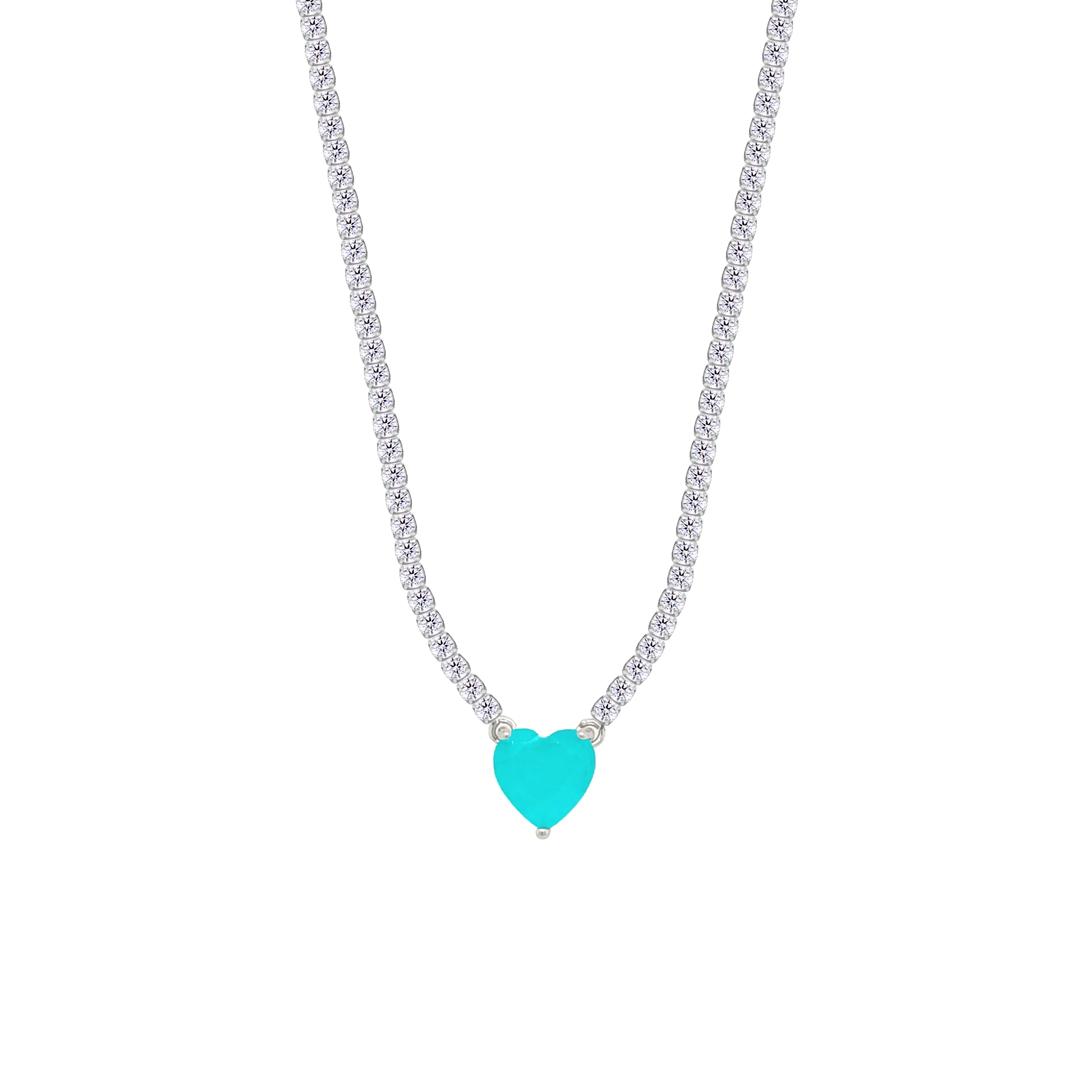 Asfour Crystal Tennis Necklace With Turquoise Heart Stone In 925 Sterling Silver-NM0075-WGC