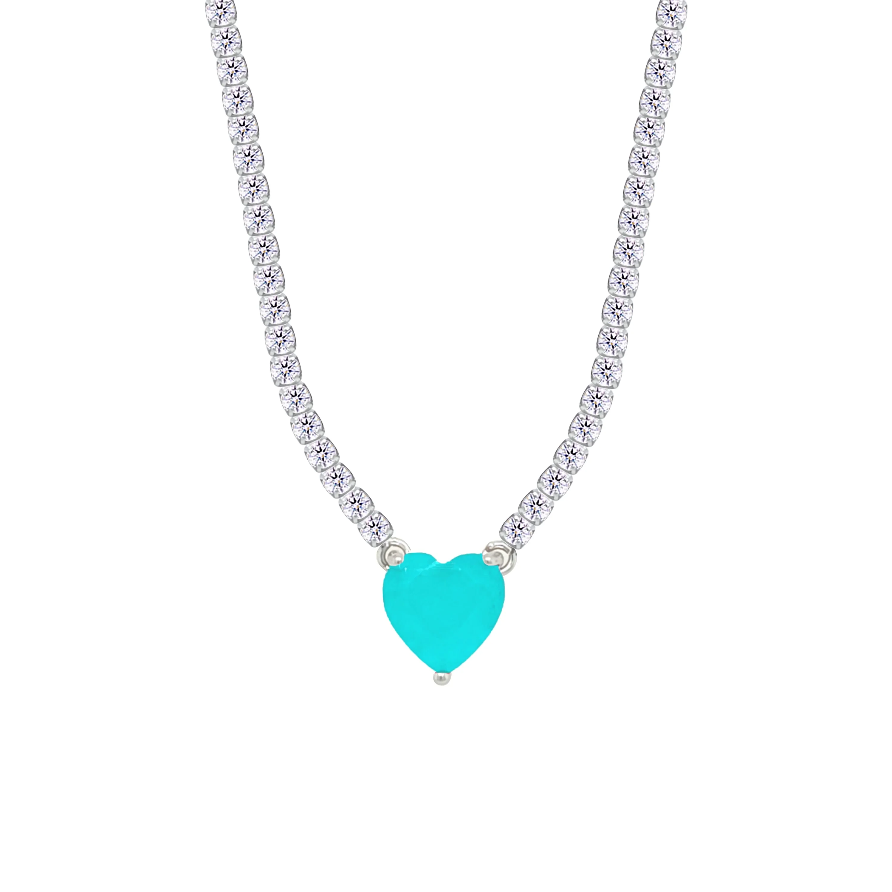 Asfour Crystal Tennis Necklace With Turquoise Heart Stone In 925 Sterling Silver-NM0075-WGC - Image 2