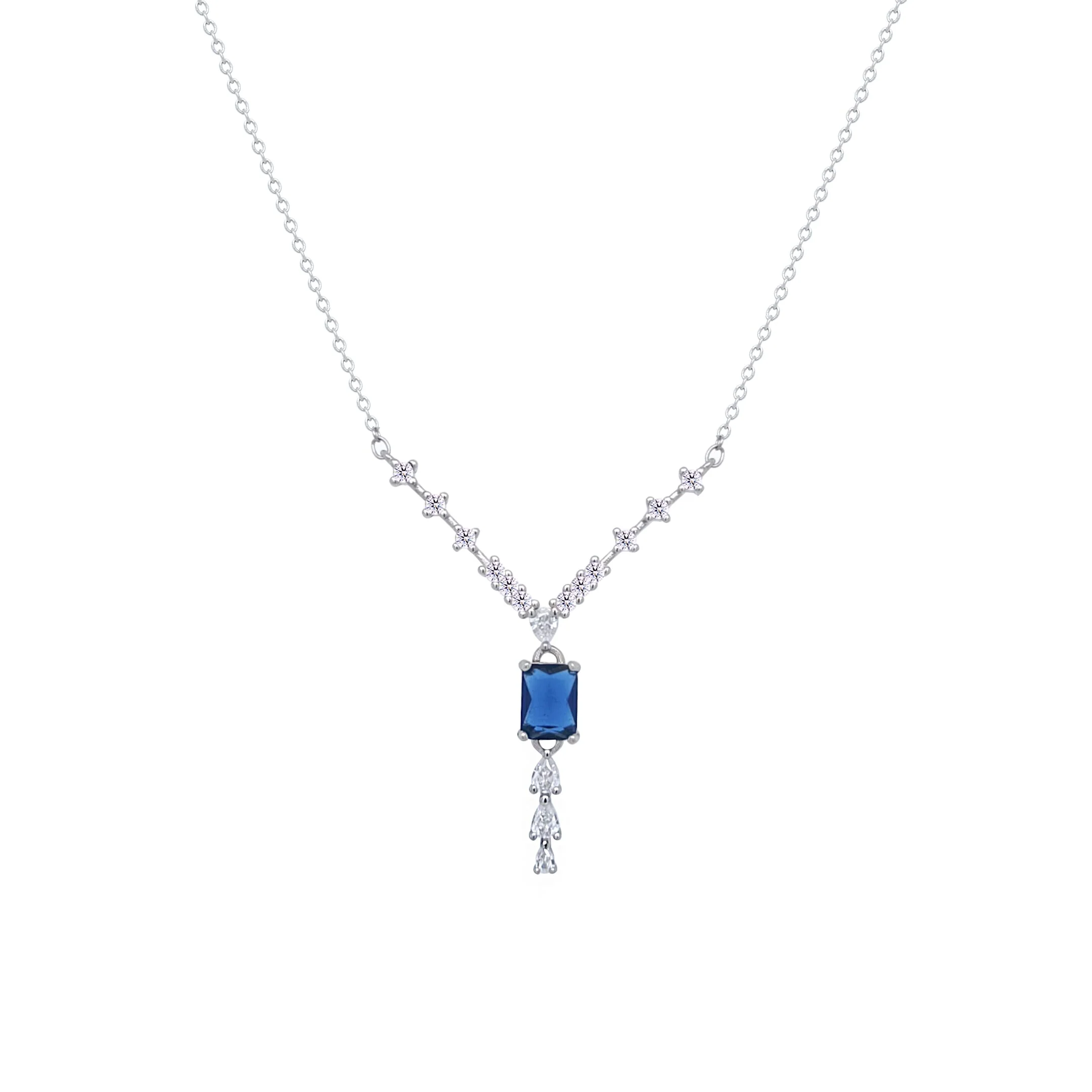 Asfour Crystal V Chain Necklace With Blue Emerald Zircon Stone In 925 Sterling Silver-ND0451-WB - Image 2